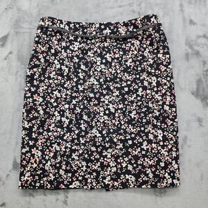 Liz Claiborne Skirt Womens 14 Black Multicolor Floral Belted Pencil Lined Career